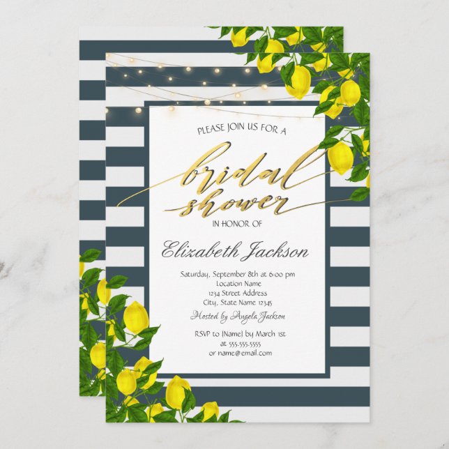 Lemon Navy Blue Striped Bridal Shower  Invitation (Front/Back)