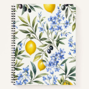 Lemon Olive and Blue Floral Botanical Notebook