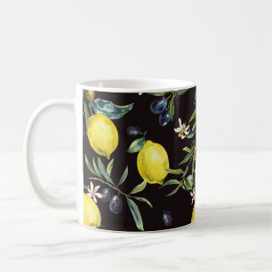 Lemon, olive branches: watercolor pattern. coffee mug