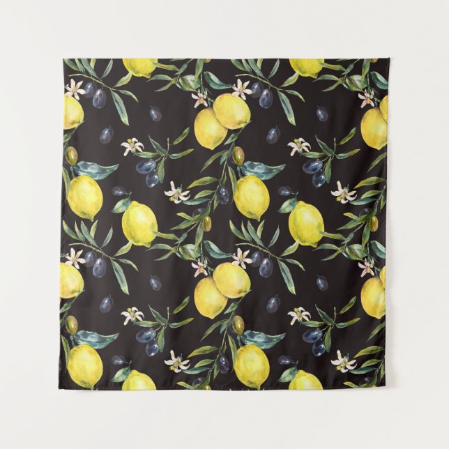 Lemon, olive branches: watercolor pattern. tapestry (Front)
