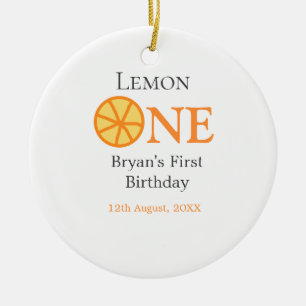 Lemon one happy 1st birthday orange grey retro boh ceramic ornament