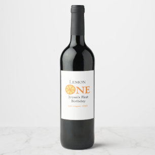 Lemon one happy 1st birthday orange grey retro boh wine label