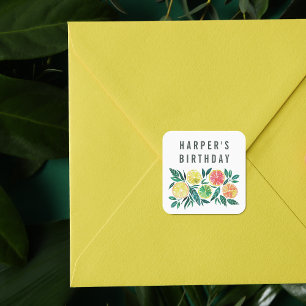 Lemon & Orange Custom Name Birthday Party Square Sticker