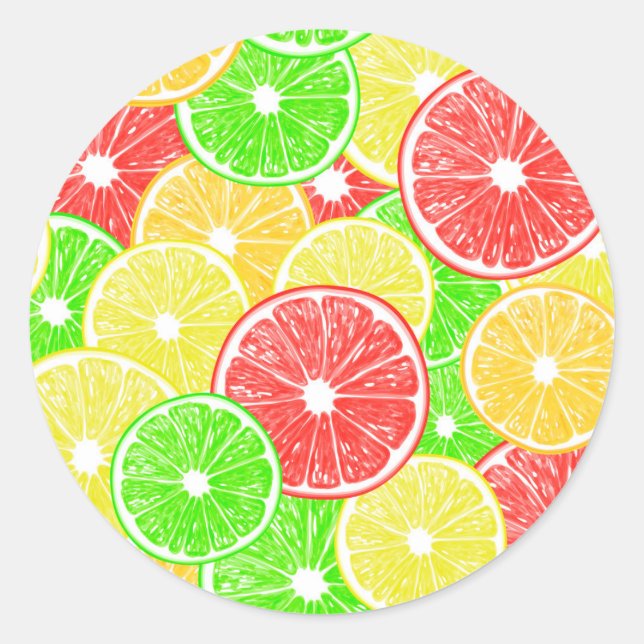 Lemon, orange, grapefruit and lime slices pattern classic round sticker (Front)