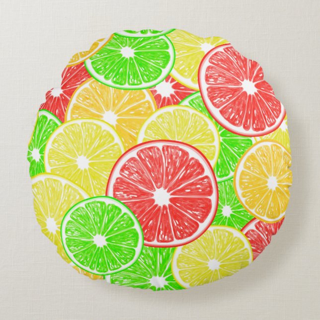 Lemon, orange, grapefruit and lime slices pattern round cushion (Front)
