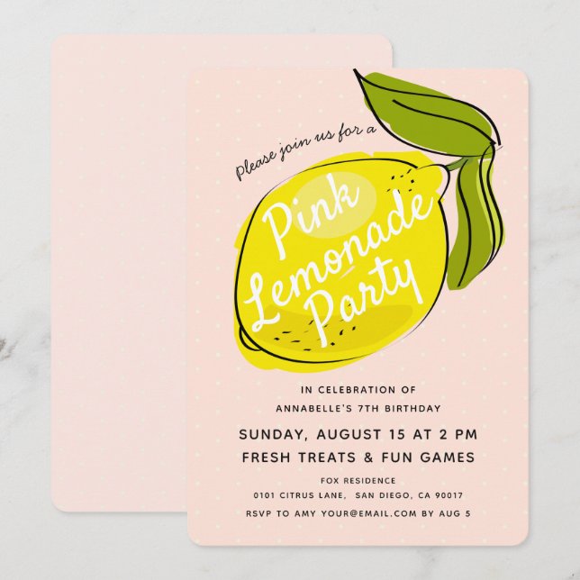Lemon Pale Pink Lemonade Birthday Party Invitation (Front/Back)