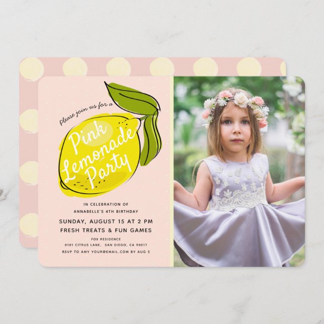 Lemon Pale Pink Lemonade Girl Photo Birthday Invitation (Front/Back)