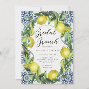 Lemon Party Italian Blue Tile Modern Bridal Shower Invitation