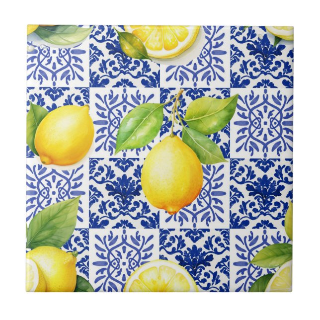 Lemon Pattern Blue White Mediterranean Citrus Ceramic Tile (Front)