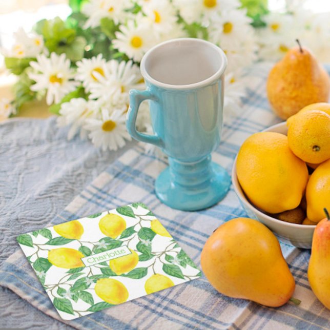 Lemon pattern custom name yellow square paper coaster (Creator Uploaded)