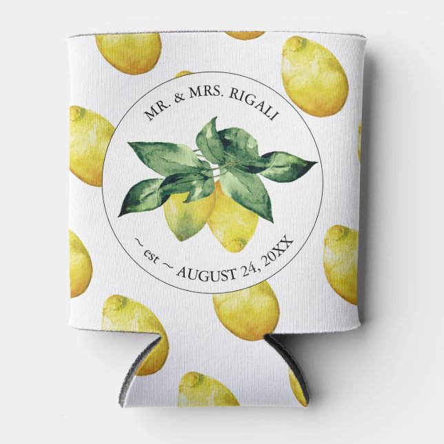 Lemon Pattern Custom Wedding Can Coolers (Front)