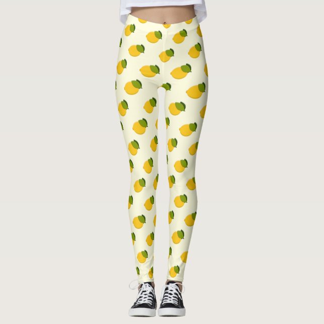 Lemon Pattern Cute Yellow and Green Citrus Fruit Leggings (Front)