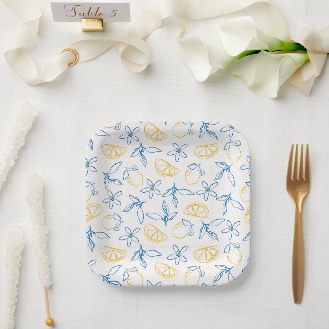 Lemon Pattern Hand Drawn Paper Plates (Wedding)