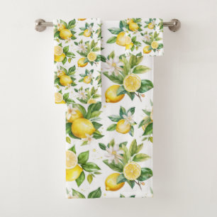 Lemon Pattern, Lemon Flowers, Leaves, Citrus Bath Towel Set