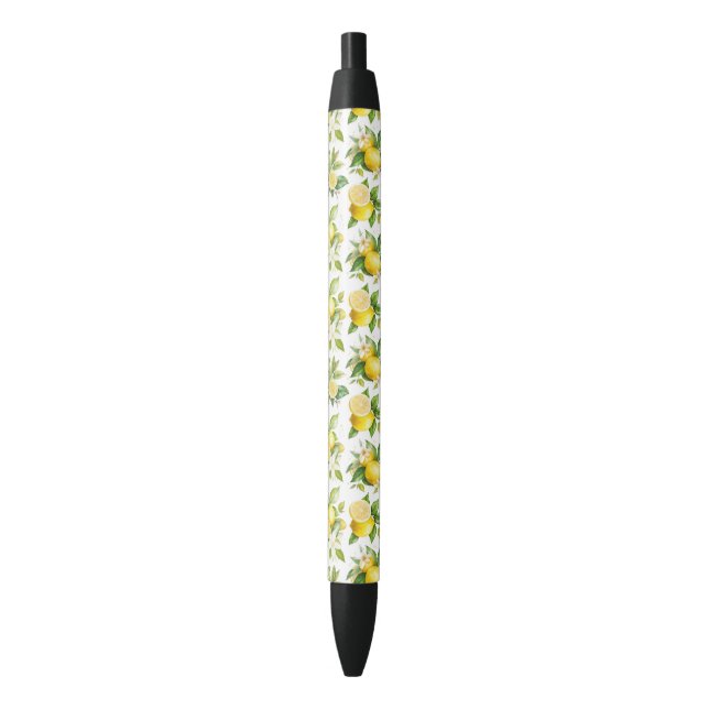 Lemon Pattern, Lemon Flowers, Leaves, Citrus Black Ink Pen (Front Vertical)