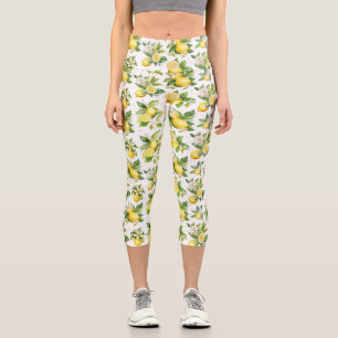 Lemon Pattern, Lemon Flowers, Leaves, Citrus Capri Leggings