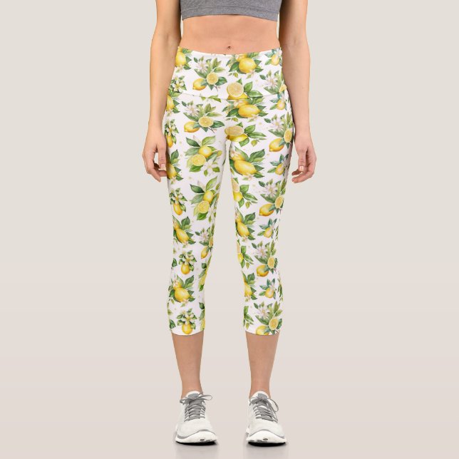 Lemon Pattern, Lemon Flowers, Leaves, Citrus Capri Leggings (Front)
