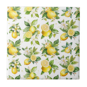 Lemon Pattern, Lemon Flowers, Leaves, Citrus Ceramic Tile