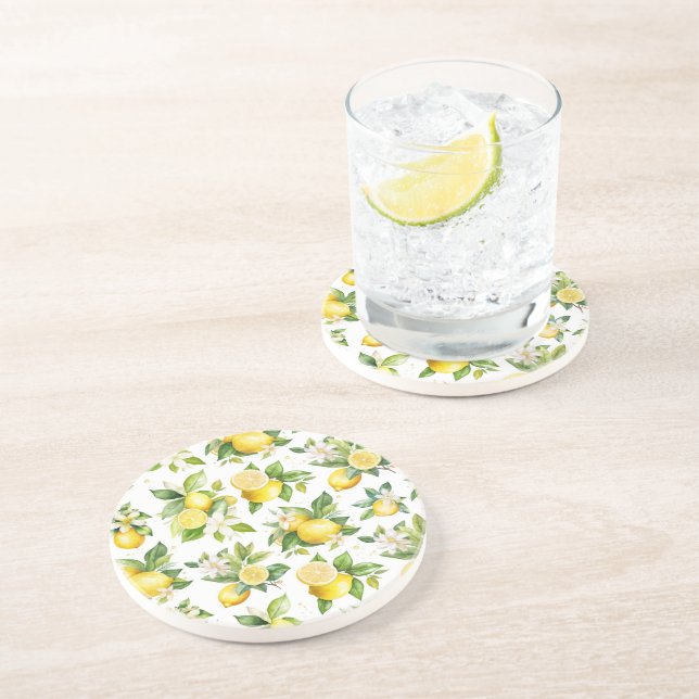 Lemon Pattern, Lemon Flowers, Leaves, Citrus Coaster (Side)