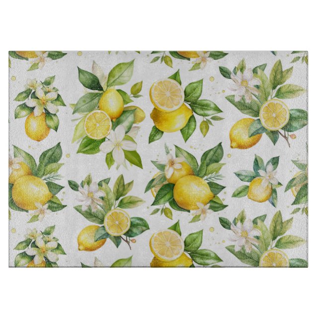 Lemon Pattern, Lemon Flowers, Leaves, Citrus Cutting Board (Front)