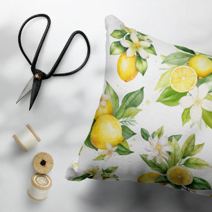 Lemon Pattern, Lemon Flowers, Leaves, Citrus Decorative Cushion