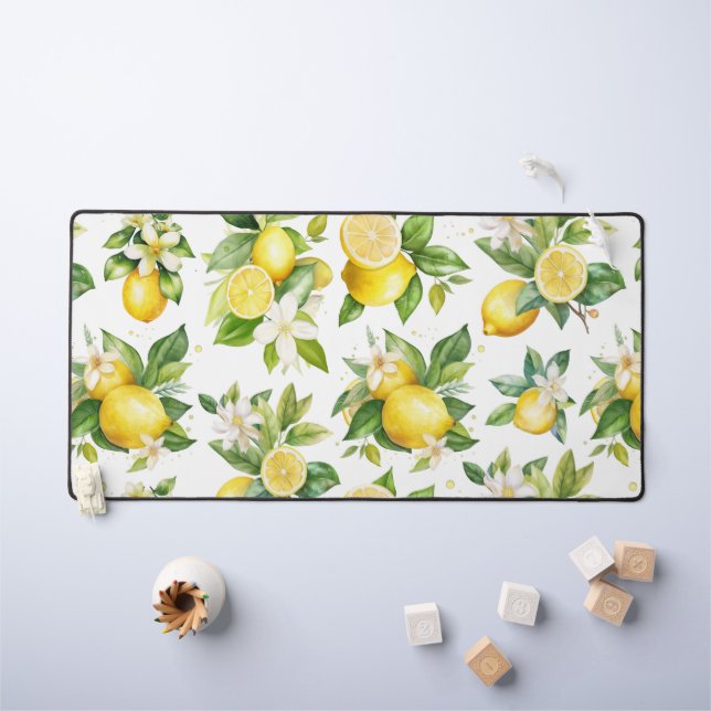 Lemon Pattern, Lemon Flowers, Leaves, Citrus Desk Mat (Kids Table)
