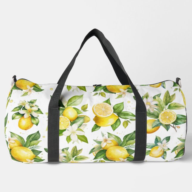 Lemon Pattern, Lemon Flowers, Leaves, Citrus Duffle Bag (Front)