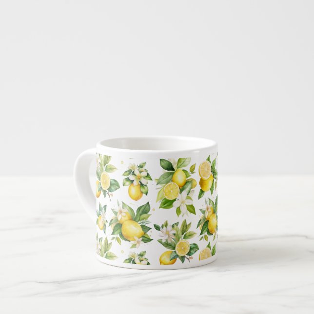 Lemon Pattern, Lemon Flowers, Leaves, Citrus Espresso Cup (Front Left)