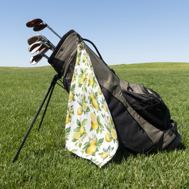 Lemon Pattern, Lemon Flowers, Leaves, Citrus Golf Towel (Green)