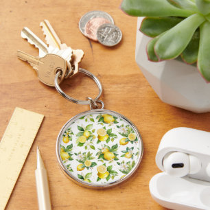 Lemon Pattern, Lemon Flowers, Leaves, Citrus Key Ring