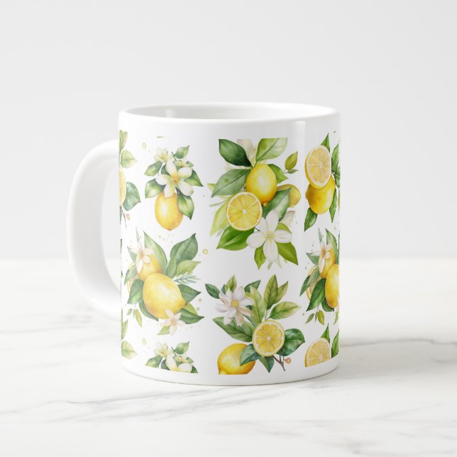 Lemon Pattern, Lemon Flowers, Leaves, Citrus Large Coffee Mug (Front Left)
