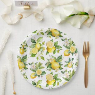 Lemon Pattern, Lemon Flowers, Leaves, Citrus Paper Plate