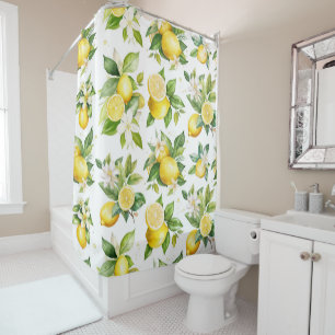 Lemon Pattern, Lemon Flowers, Leaves, Citrus Shower Curtain