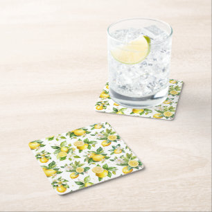 Lemon Pattern, Lemon Flowers, Leaves, Citrus Square Paper Coaster
