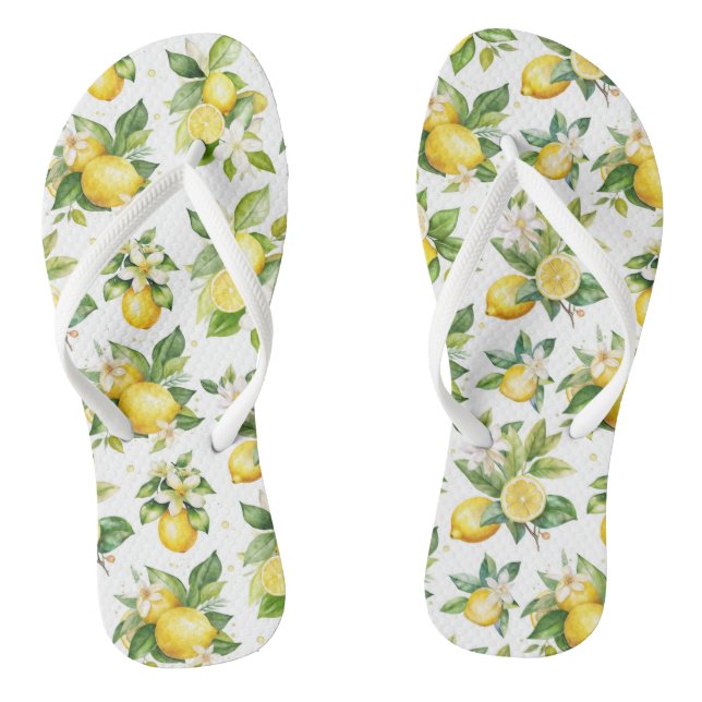 Lemon Pattern, Lemon Flowers, Leaves, Citrus Thongs (Footbed)