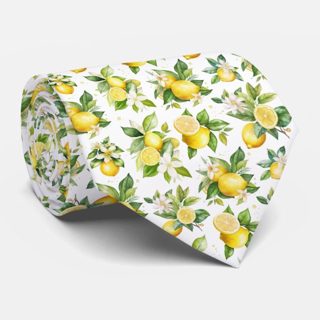 Lemon Pattern, Lemon Flowers, Leaves, Citrus Tie (Rolled)