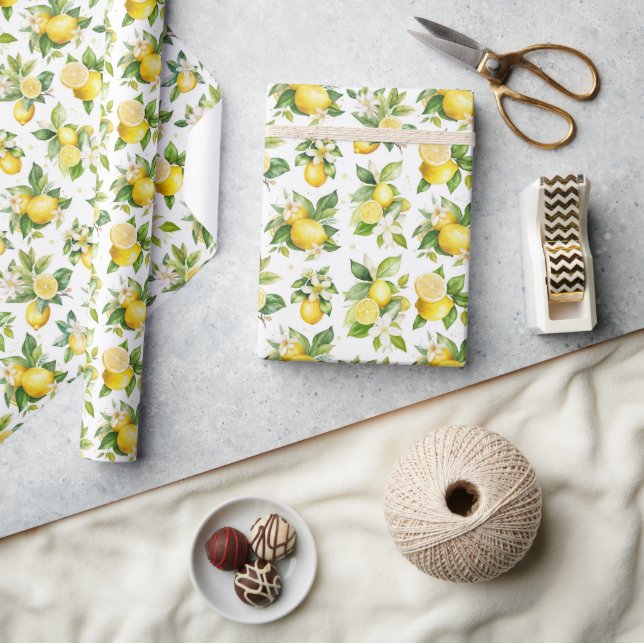 Lemon Pattern, Lemon Flowers, Leaves, Citrus Wrapping Paper (Crafts)
