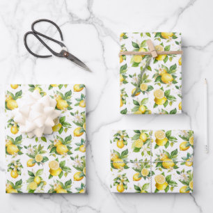 Lemon Pattern, Lemon Flowers, Leaves, Citrus Wrapping Paper Sheet