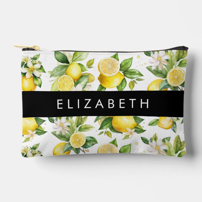 Lemon Pattern, Lemon Flowers, Leaves, Your Name Accessory Pouch (Front)