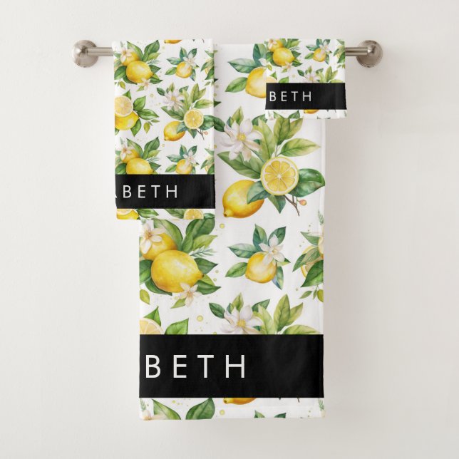 Lemon Pattern, Lemon Flowers, Leaves, Your Name Bath Towel Set (Insitu)