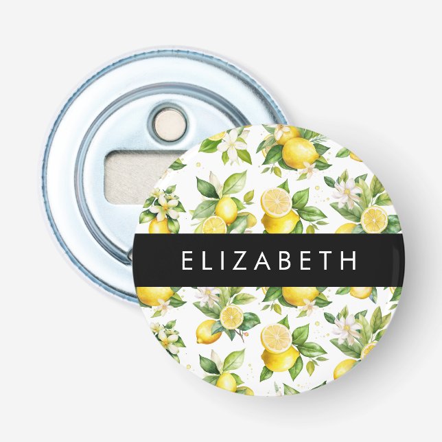 Lemon Pattern, Lemon Flowers, Leaves, Your Name Bottle Opener (Front)