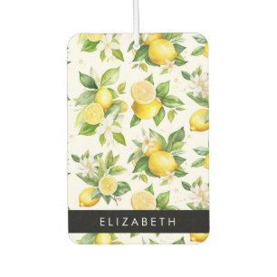 Lemon Pattern, Lemon Flowers, Leaves, Your Name Car Air Freshener