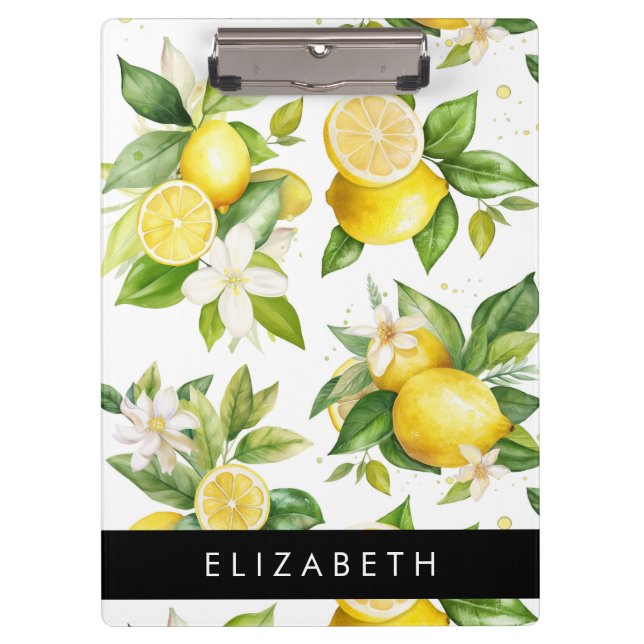 Lemon Pattern, Lemon Flowers, Leaves, Your Name Clipboard (Front)