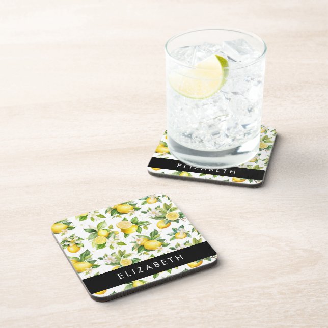 Lemon Pattern, Lemon Flowers, Leaves, Your Name Coaster (Right Side)