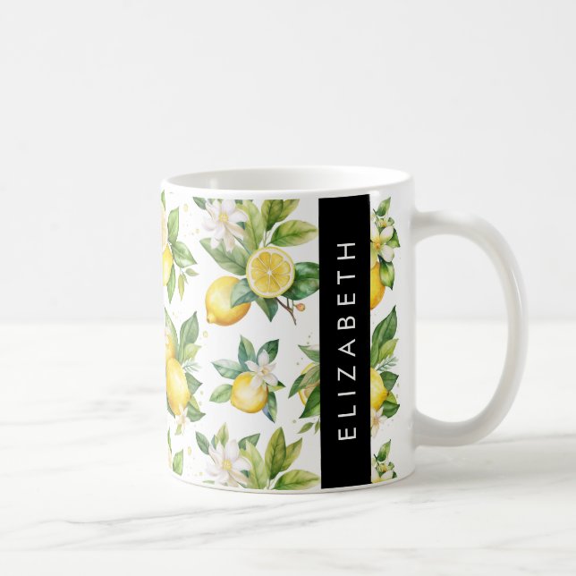 Lemon Pattern, Lemon Flowers, Leaves, Your Name Coffee Mug (Right)