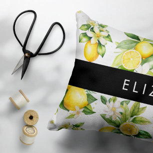 Lemon Pattern, Lemon Flowers, Leaves, Your Name Decorative Cushion