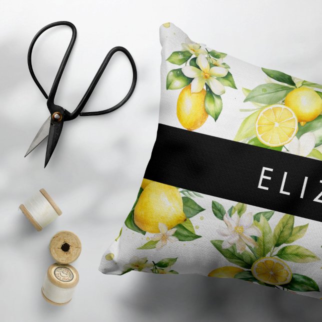 Lemon Pattern, Lemon Flowers, Leaves, Your Name Decorative Cushion (Creator Uploaded)