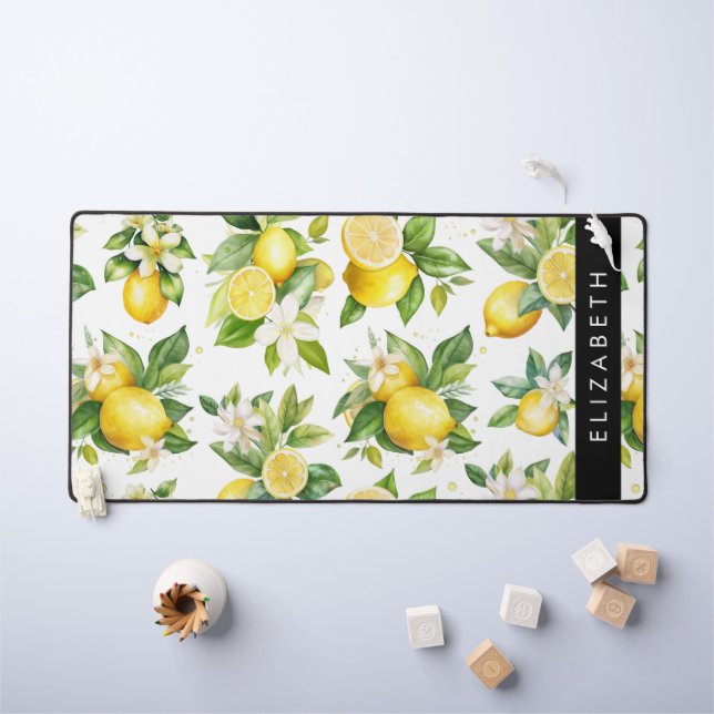 Lemon Pattern, Lemon Flowers, Leaves, Your Name Desk Mat (Kids Table)