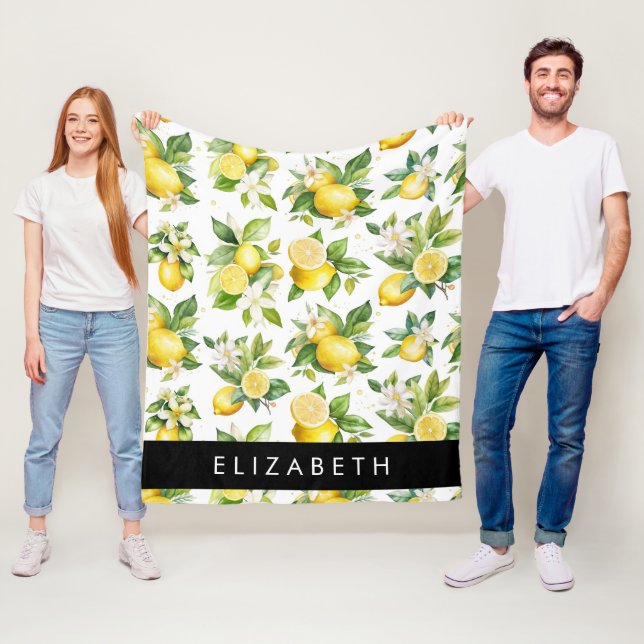 Lemon Pattern, Lemon Flowers, Leaves, Your Name Fleece Blanket (In Situ)