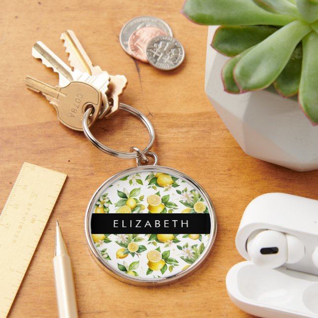 Lemon Pattern, Lemon Flowers, Leaves, Your Name Key Ring (Desk)
